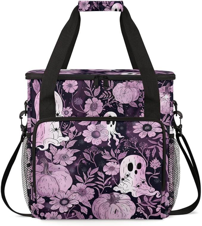 Ghosts Pumpkins Flowers Coffee Maker Carrying Bag Travel Storage Bag Compatible with K-Mini or K-Mini Plus Single Serve Coffee Brewer Carrying Case with Multiple Pockets &amp Shoulder Strap