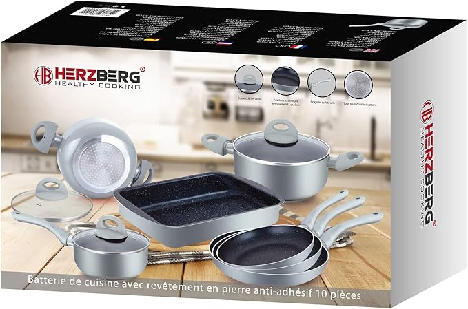 HG9016-SL Cookware Set Induction Saucepan and Frying Pan Set Vented Glass Lids Marble Coated Cookware Set 10 Pieces