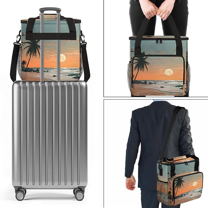 Beach Sunset Landscape Coffee Maker Travel Bag for Keurig K-Mini/K-Mini Plus Insulated Waterproof Tote with Pockets for K-Cup Portable Single-Serve Brewer Case