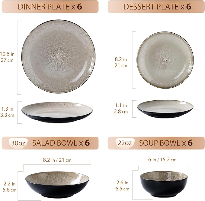 Plates and Bowls Sets for 6 - CJDC-QUELO 24-Piece Stoneware Dinnerware Sets Ceramic Dishware Set for Indoor Kitchen Use and Formal Dining Chip and Scratch Resistant Microwave Dishwasher Safe Brown