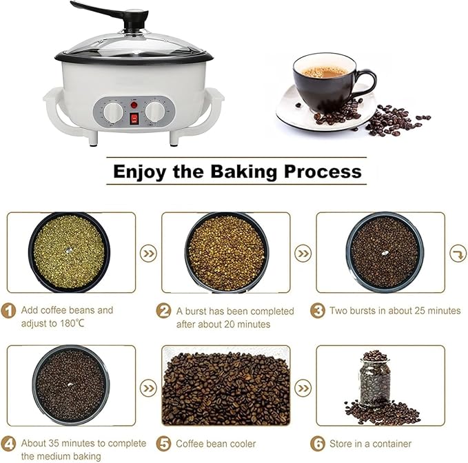 Coffee Roaster 1200W Grain Food Burning Machine 0-240℃ Temperature Adjustable And 0-60 Min Adjustable Coffee Maker For Coffee Raw Beans Peanuts Cereals Herbal Baking