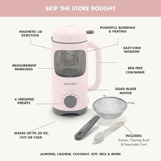 GreenPan Nut Milk Maker 15-in-1 Homemade Soy Almond Oat Coconut Non-Dairy Rice Soup Baby Food BPA-Free Smooth Creamy Texture Self Clean Barista Quality Milk Delay Start Boil Water Pink