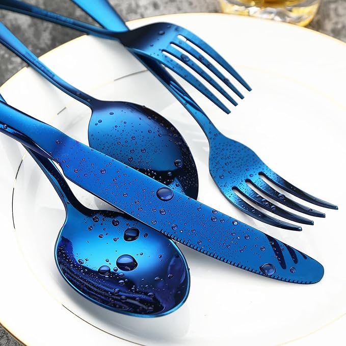 Blue Silverware Set Flatware Cutlery - 20 Pieces Stainless Steel Tableware Set Service for 4Include Fork Knife SpoonMirror PolishedDishwasher Safe