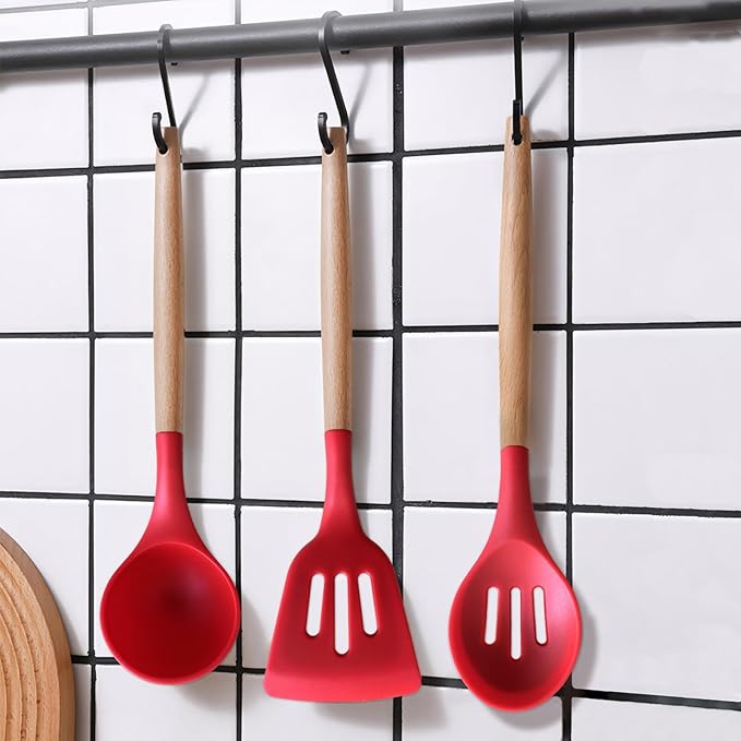Silicone Cooking Utensils Set 5Pcs Non-Stick Silicone Kitchen Utensils for Cooking Heat Resistant Kitchen Gadgets Spatula Spoon Turner Set with Wooden Handles for Non-Stick Cookware BPA Free