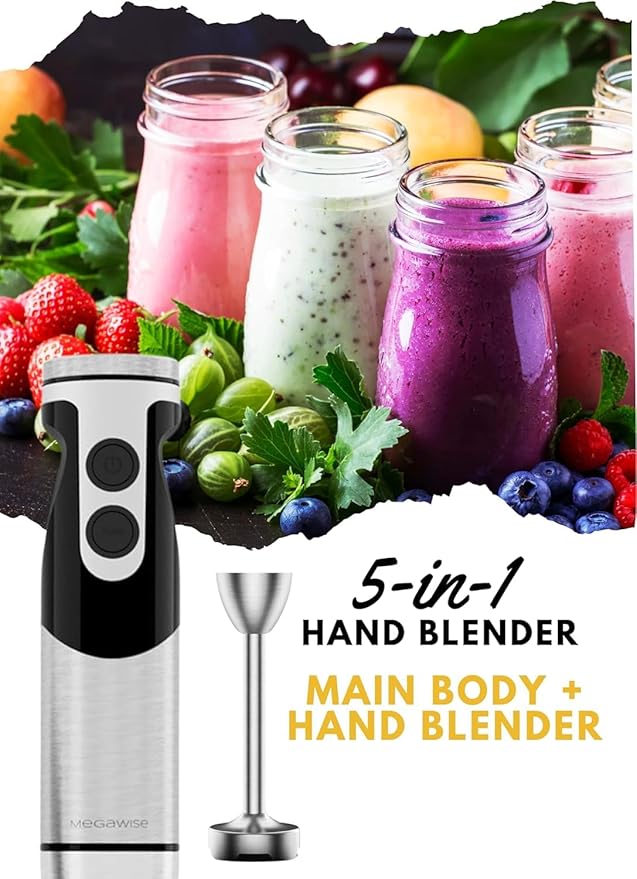 MegaWise Pro Titanium Reinforced 5-in-1 Immersion Hand Blender Powerful Motor with 80% Sharper Blades 12-Speed Corded Blender (Black)
