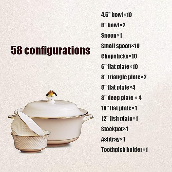Dinnerware Set Dinner Party Tableware Service Set 58 Pieces Relief Bone China Dinnerware Sets | Porcelain Steak Plate and Cereals Bowls for Christmas Party and
