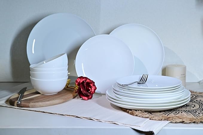 Jasmine Bone China Dinnerware Set 16 Pieces Service for 4 White Plates Dishes Bowls Set Microwave and Dishwasher Safe
