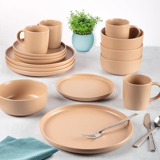 Zulay Kitchen Terra Stoneware Dinnerware Set Artisanal Ceramic Plates and Bowls Set Crafted at 2300℉ - Service for 4 Terracotta Clay