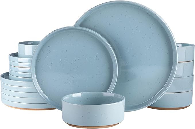 AmorArc Ceramic Dinnerware Set for 6 | Speckled Stoneware Plates and Bowls with Rustic Terracotta Underside| Scratch ResistantDishwasher &amp Microwave Safe Dishes Sets- 18pcs Blue