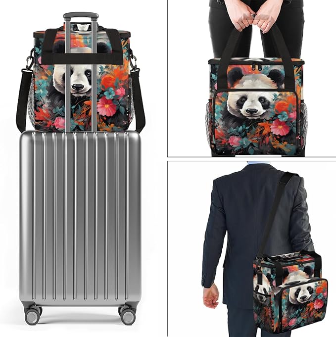Cute Panda Coffee Maker Carrying Bag Oil Painting Floral Travel Storage Bag Compatible with K-Mini or K-Mini Plus Single Serve Coffee Brewer Carrying Case with Multiple Pockets &amp Shoulder Strap
