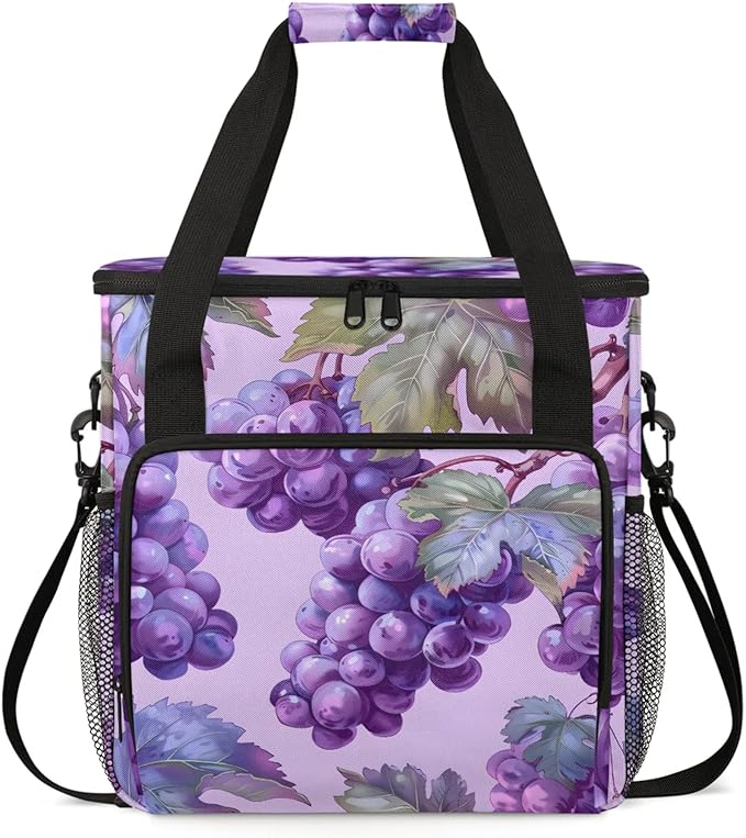 Grape Print Coffee Maker Travel Bag for Keurig K-Mini/K-Mini Plus Insulated Waterproof Tote with Pockets for K-Cup Portable Single-Serve Brewer Case