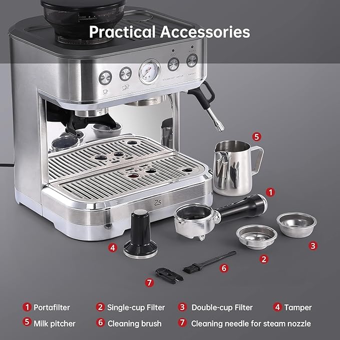 Garvee Espresso Machine with Milk Frother and Built-In Grinder 3-in-1 Cappuccino Latte and Coffee Maker for Home 85oz Removable Water Tank Ideal Gift for Dad Mom Coffee Lovers (Sliver)