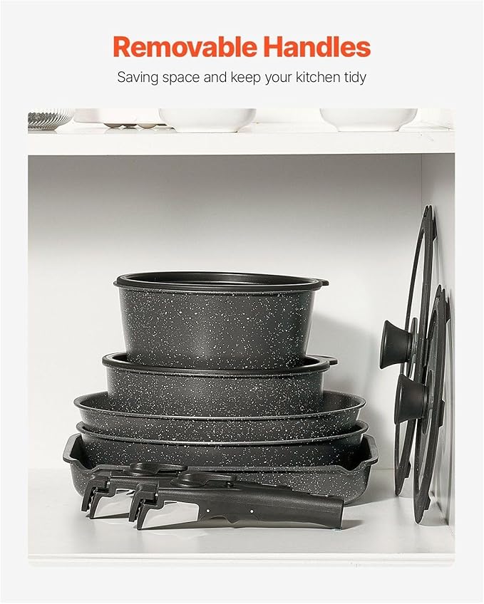 17 Piece Pots and Pans Set Granite Nonstick Cookware Set Induction Compatible Kitchen Cookware Set Black