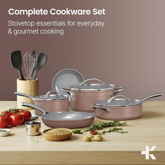 Crystal Kung Minkoff Ceramic Cookware Set – 14-Piece Pots and Pans Set with Lids Silicone Utensils &amp Oven Mitts Nonstick and Non-Toxic PTFE/PFAS Free Dishwasher &amp Stovetop Safe Up to 500°F