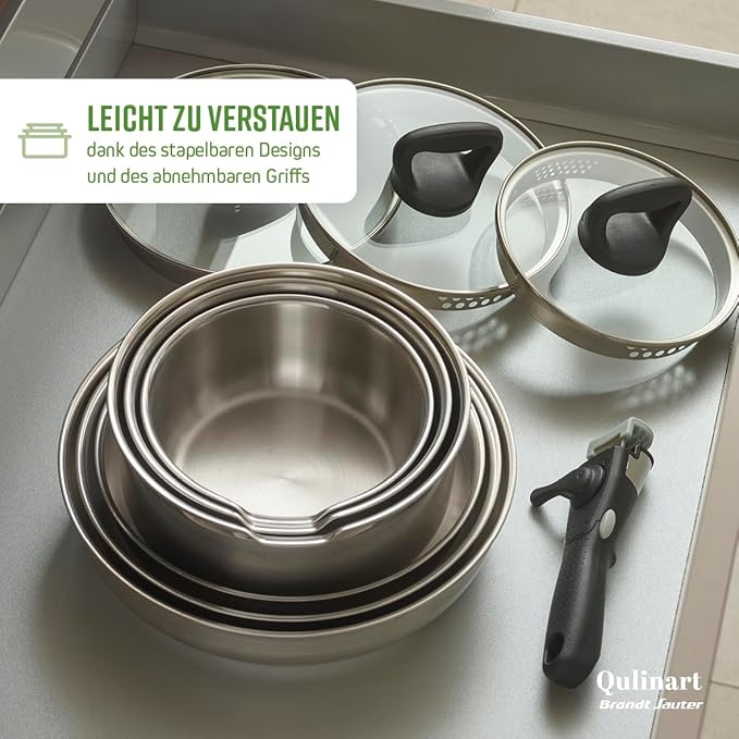 4-Piece Induction Cookware Set - Set of 3 Non-Stick Frying Pans 20 24 and 26 cm with Removable Handle - Stainless Steel - All Heat - PFOA Free - Silver/Black