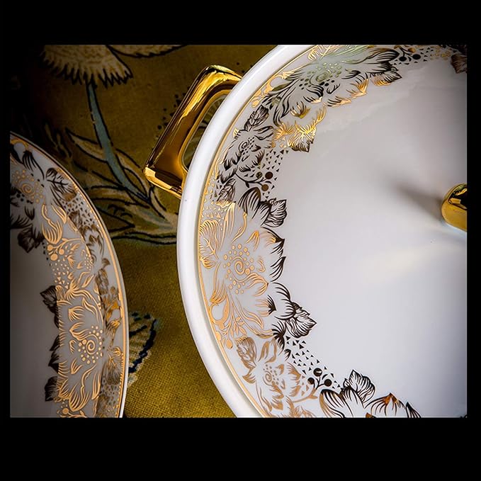 Kitchen Tableware SetCeramics Dinnerware Set European Style High-end Porcelain Dishware Set with Soup Pot and Cereal Bowl 48 Pieces Bone China Dinner Sets for Family G