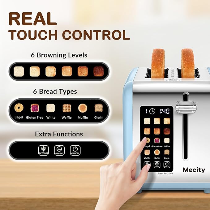 Mecity 2 Slice Touch Screen Toaster 1.5 Wide Slot Stainless Steel Smart Toaster for Bagels Muffins Waffles Gluten-Free Breads Defrost Reheat Timer 120V 825W Ice Blue