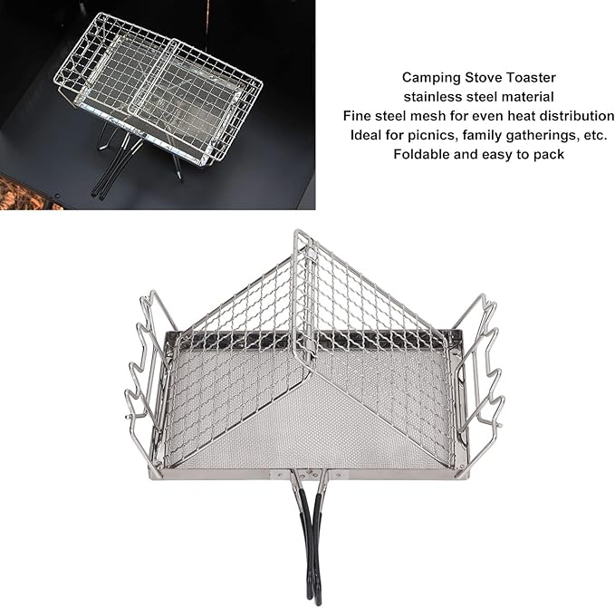 Camping Stove Toaster Foldable Portable Gas Toaster Stainless Steel Outdoor Stovetop Toaster with Baking Net and Storage Bag Stable Structure for Picnic Camping and Family Gathe