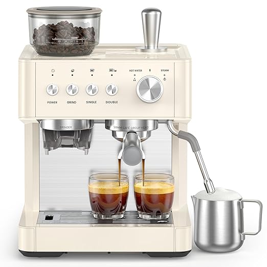 COWSAR 15-Bar Expresso Coffee Machines Commercial Espresso Machine with Grinder Milk Frother/Steam Wand &amp Tamping Tools for Cappuccino &amp Latte - White