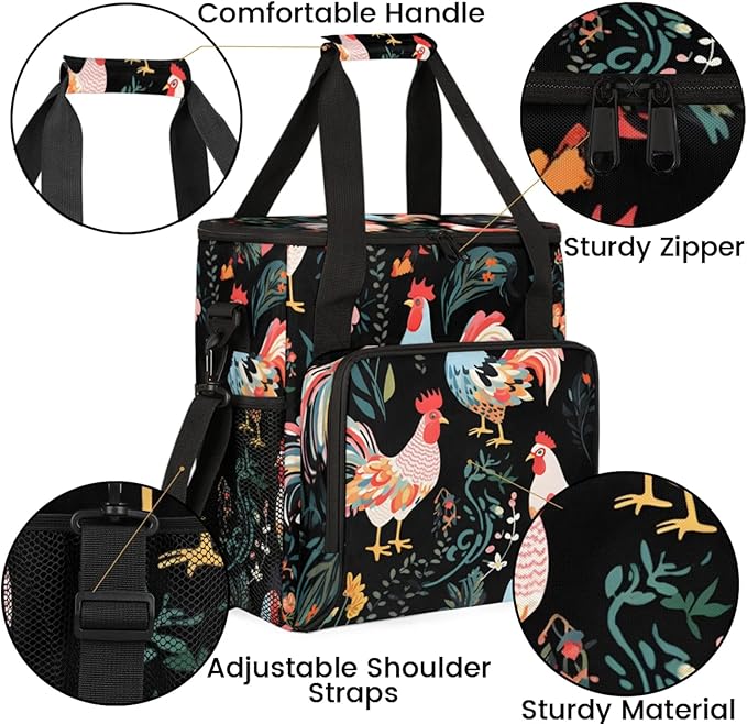 Roosters Flowers Coffee Maker Travel Bag for Keurig K-Mini/K-Mini Plus Insulated Waterproof Tote with Pockets for K-Cup Portable Single-Serve Brewer Case