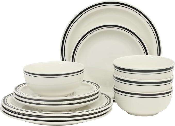 Gibson Home Hometown Diner 12-Piece Porcelain Dinnerware Set Round Plates and Bowls Set for 4 White with Black Rim Dishwasher Safe – Dinner Plate Salad Plate &amp Cereal Bowl