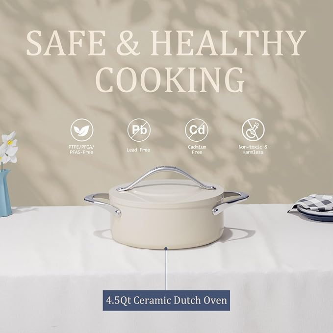 Nonstick Ceramic Cookware Set- 4.5qt Dutch Oven &amp 10 Frying Pan PFAS/PFOA/PTFE-Free All Cooktops Compatible Oven Safe to 500°F Even Heat Distribution (Cream)