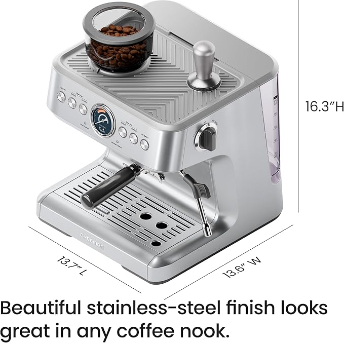 Chefman Crema Supreme 15 Bar Espresso Machine with Milk Frother Barista Steam Wand Professional Coffee Maker with Coffee Grinder 30 Grind Settings 3L Removable Water Tank - Stainless Steel