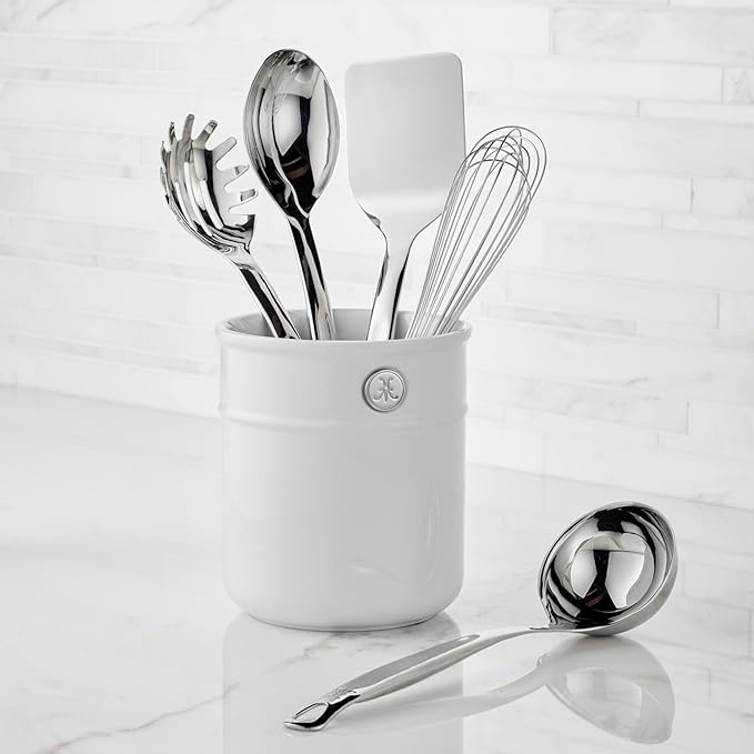 Hestan Provisions Chef's Tools Deluxe Tool Set (6-Piece) with Porcelain Holder/Bain Marie &amp Stainless Steel: Solid Spoon Ladle Pasta Fork Turner/Spatula French Whisk