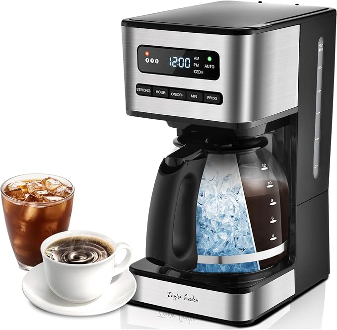 Taylor Swoden Programmable Coffee Makers 12 Cup Hot and Iced Coffee Maker 4 Brew Strength LED Display 24H Timer Keep Warm&ampAuto Shutoff- Drip Coffee Machine for Home/Office Black &ampStainle