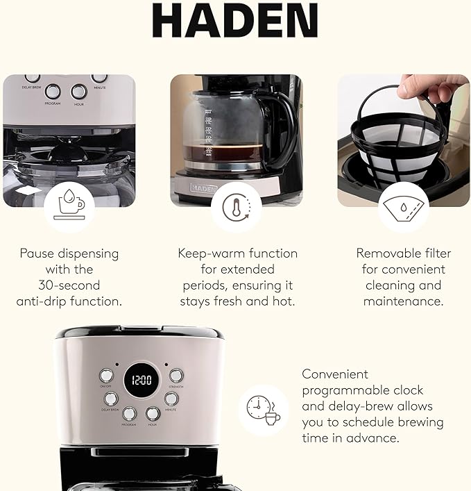 Haden 12 Cup Programmable Drip Coffee Maker Coffee Machine Bundled with Dorset 4 Slice Wide Slot Stainless Steel Toaster Putty &amp Chrome