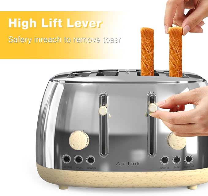 Toaster 4 SliceRetro Stainless Steel Toaster with Extra Wide Slots Dual Independent Control Panel Cancel Bagel Defrost Function Removable Crumb Tray (Silver)