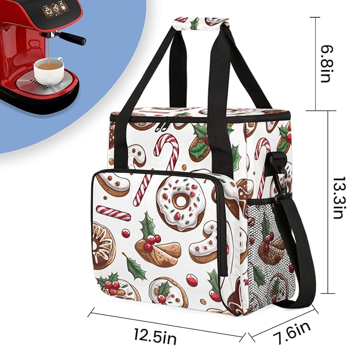 Bright Xmas Biscuit Coffee Maker Carrying Bag Portable Travel Storage Tote Bag Compatible with K-Mini or K-Mini Plus Single Serve Coffee Brewer Carrying Case with Multiple Pockets &amp Shoulder Str
