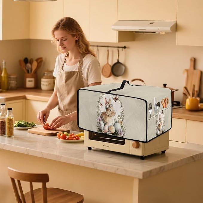 Toaster Oven Dust Cover Bunny Easter Egg Printed Bread Maker Cover Machine Washable Covers with Side Pockets Kitchen Small Appliance Protector Easter Decor S