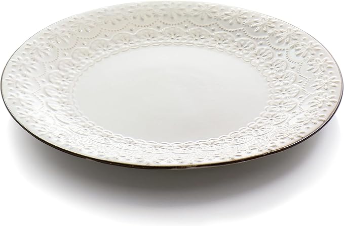 Unknown1 16 Piece Embossed Double Bowl Stoneware Dinnerware Set in Ivory Textured Casual Round Dishwasher Safe