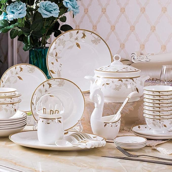 Dinnerware Sets - Luxury Gift Dishes Service Set Dinnerware Sets Porcelain Luxury Bone China Dish Sets Bowls/Dinner Plates/Pot/Saucers Gold Pattern Trim for DailyOne Color-58 Piece Set