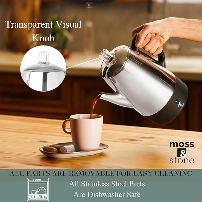 Moss &amp Stone Percolator Coffee Pot Electric 10 Cup Stainless Steel Coffee Maker. With Keep Warm Function 10 Cups Stainless Steel Percolator With Coffee Basket