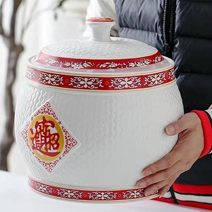 Chinese Ceramic Rice Bucket Large Grain Dispenser Food Storage Container with Lid Sealed Rice Storage Jar for Noodles Rice Snacks(30x36cm(12x14inch) F)