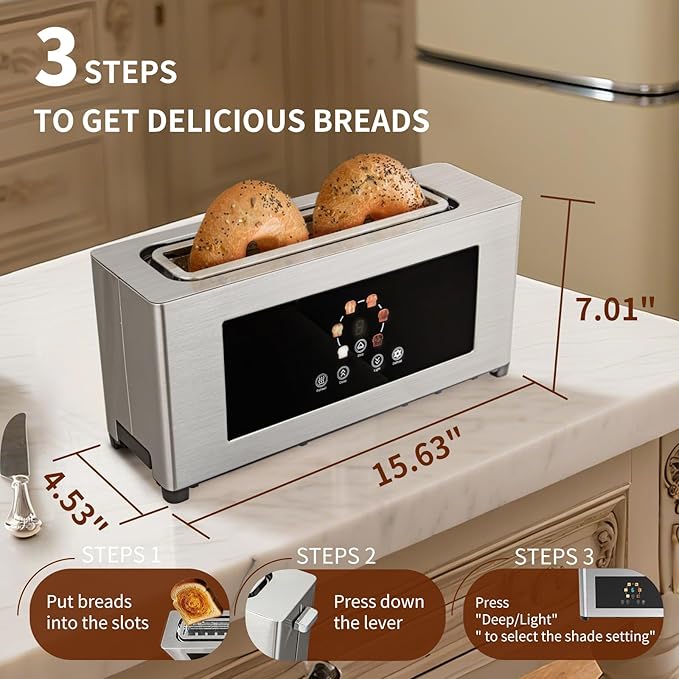 Touch Screen Toaster with LCD Display Slim Toaster 2 Slice - Long 10 Slot for Baguettes &amp Extra Wide 1.6 Slot 6 Browning Levels 1200W Space Saving