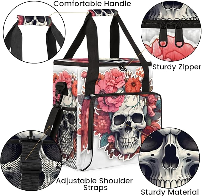 Skull Floral Coffee Maker Carrying Bag Portable Travel Storage Tote Bag Compatible with K-Mini or K-Mini Plus Single Serve Coffee Brewer Carrying Case with Multiple Pockets &amp Shoulder Strap