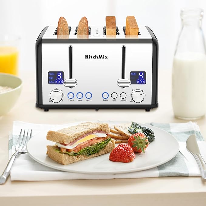 Toaster 4 Slice KitchMix Bagel Stainless Toaster with LCD Timer Extra Wide Slots Dual Screen Removal Crumb Tray (Black)