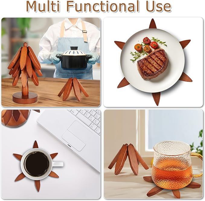 Wooden Trivets for Hot Dishes Tree Shape Trivet Set Foldable Kitchen Wooden Trivets Tree Coaster for Hot Dishes、Pot、Bowl、teapot、hot Pot Holders (4 Piece-Walnut)