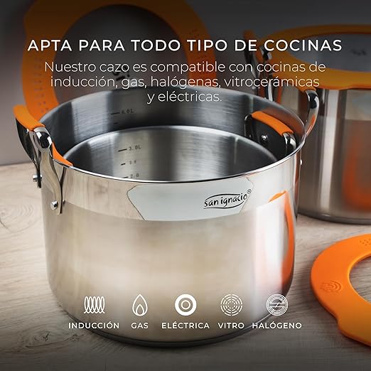 SAN IGNACIO Compact Stainless Steel Pot Set 5 Pieces Contains 2 Pots with 20 and 24 cm and 1 Saucepan with 16 cm Cooking Pot Set for All Hob Types