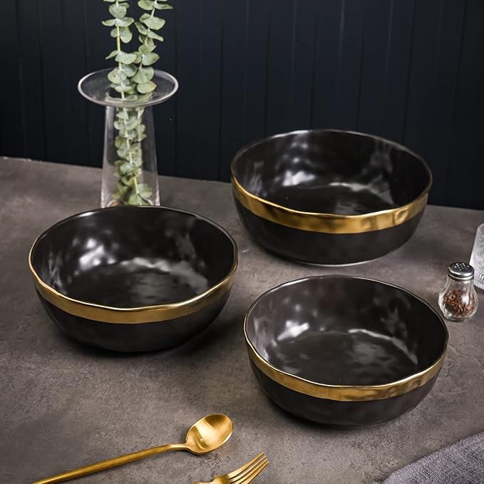 Stone Lain Florian Porcelain 3-Piece Round Bowl Service Set Black with Gold Rim