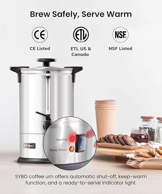 SYBO 120 Cup Commercial Coffee Urn &amp Hot Beverage Dispenser Stainless Steel Percolate Maker Fast Brew Keeps Warm – Ideal for Tea Water at Events Catering 18 L Metallic