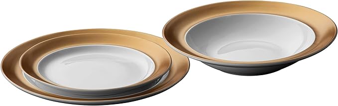 BergHOFF GEM Porcelain Set of 6pc Dinnerware Deep Plate Large &amp Small Plate Coffee Mug Tea Cup Saucer White &amp Gold Daily Serving Elegant Glossy Finish Dishwasher Safe