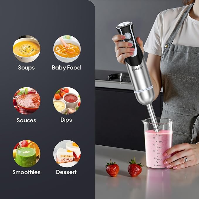 FRESKO Immersion Handheld Blender 500W with 700ml Beaker 12-Speed &amp Turbo Mode Hand Blender Stick 304 Stainless Steel Blades for Soup Smoothie Puree Baby Food