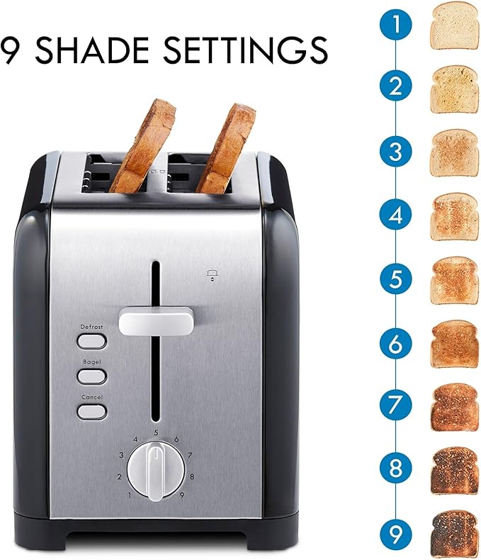 Kenmore toaster 2 slice - extra wide slot countertop kitchen appliance defrost function tostador de pan 9 shade settings compact design easy clean crumb tray bread bagel stainless steel &amp b