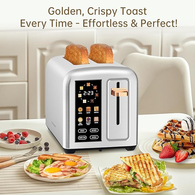 SEEDEEM Toaster 2 Slice Real Touch Screen with LCD Display Single-Slice Function Stainless Steel Toaster 50% Faster Heating 1.5 Wide Slots Removable Crumb Tray 1350W Silver Metallic