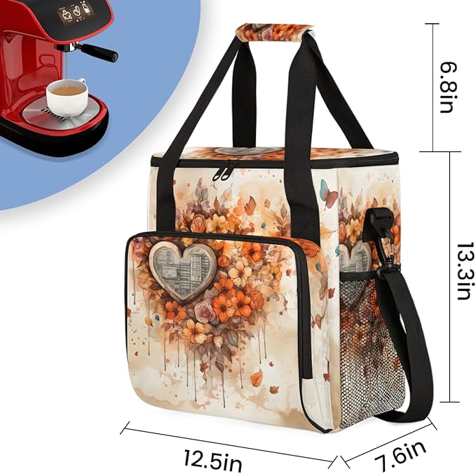 Heart Flowers Coffee Maker Carrying Bag Portable Travel Storage Tote Bag Compatible with K-Mini or K-Mini Plus Single Serve Coffee Brewer Carrying Case with Multiple Pockets &amp Shoulder Strap