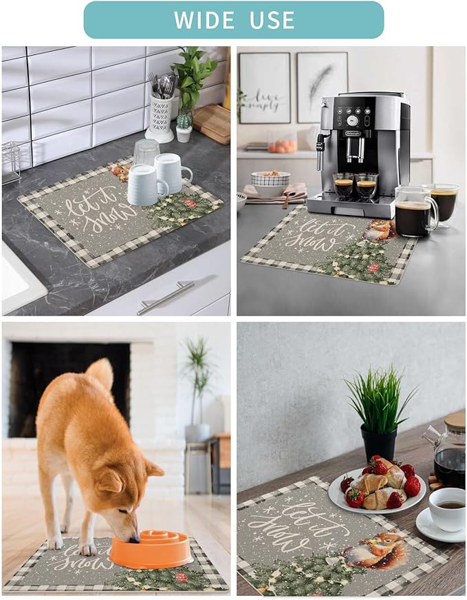 Coffee Mat Coffee Bar Mat for Countertops Christmas Watercolor Squirrel with Xmas Tree Grey Absorbent Coffee Maker Mat Rubber Backed Dish Drying Mat for Coffee Espresso Machine Coffee Maker 18x28